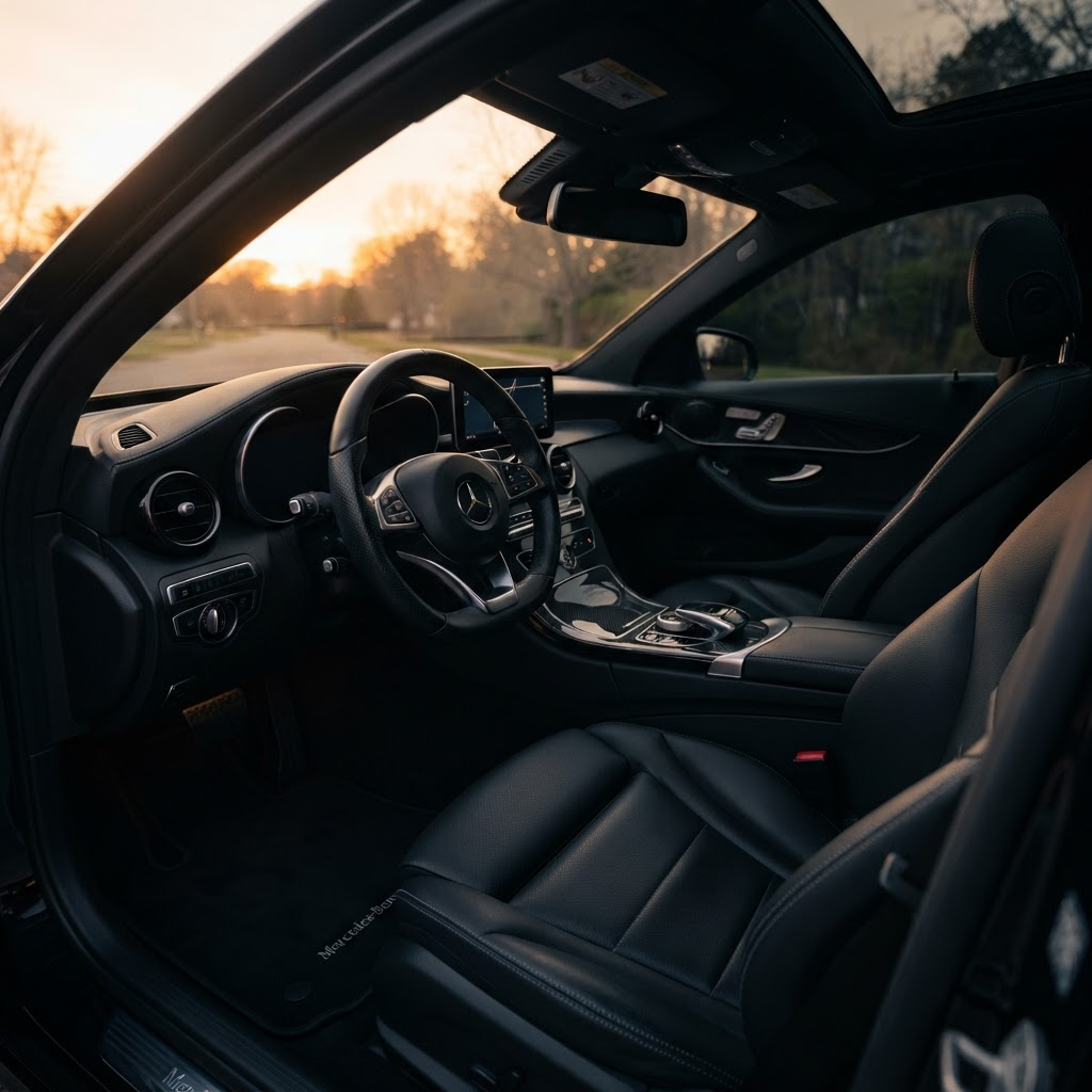 Freshly detailed car interior with clean black leather seats and dashboard