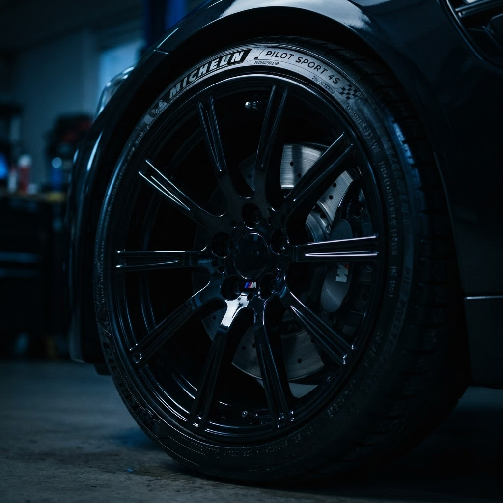 Spotless glossy wheel and tire after cleaning