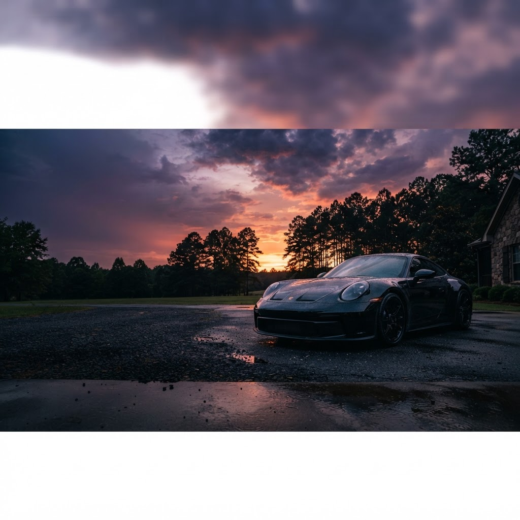 Glossy black car reflecting a Southern sunset with pine trees on the horizon